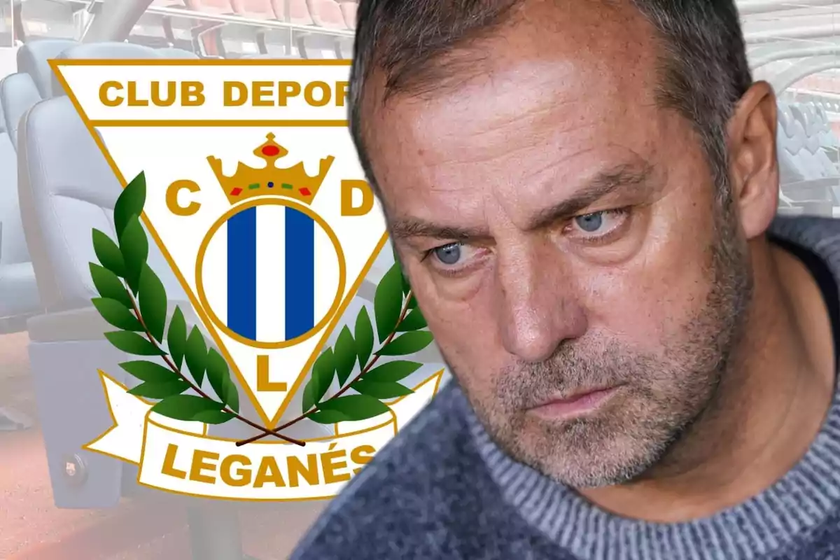 Un hombre con expresión seria aparece junto al escudo del Club Deportivo Leganés en un fondo de asientos de estadio.