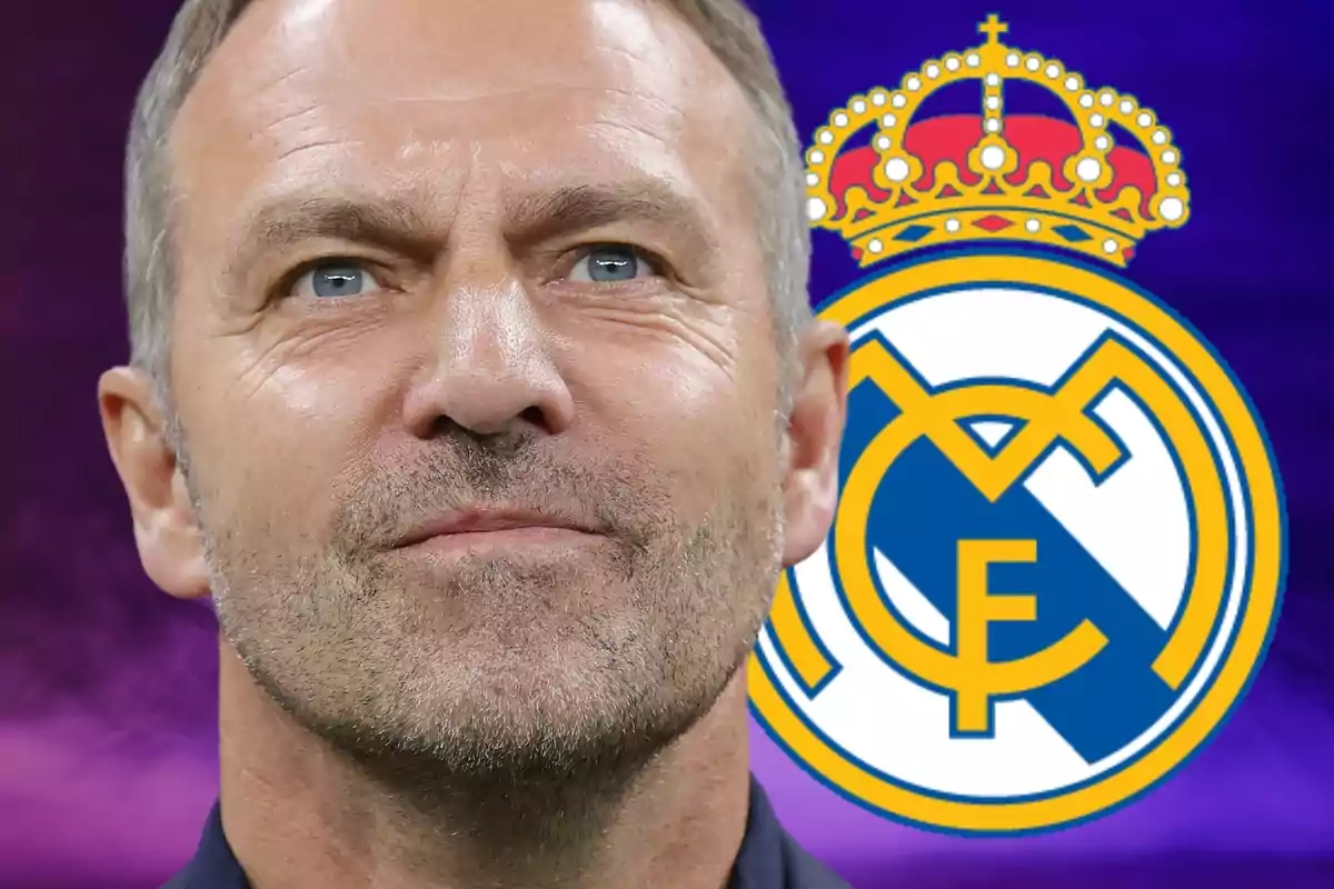 Un hombre con barba y cabello corto frente al escudo del Real Madrid.