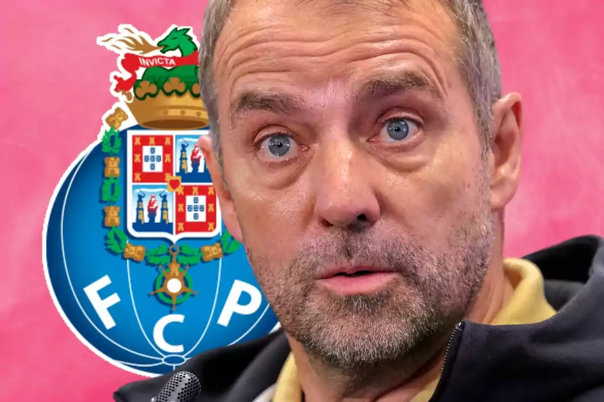 Hombre de mediana edad con barba y expresión seria frente al escudo del club de fútbol Porto sobre un fondo rosa