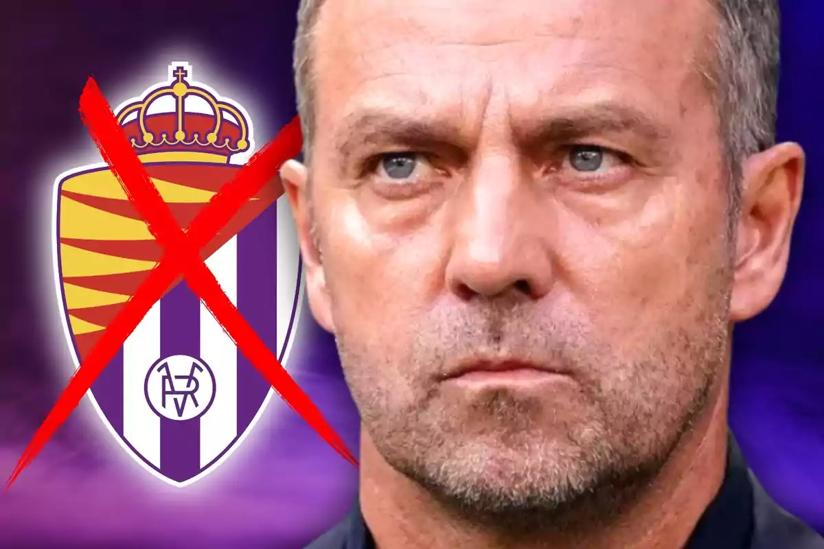 Un hombre con expresión seria aparece junto al escudo del Real Valladolid, el cual está tachado con una gran X roja.