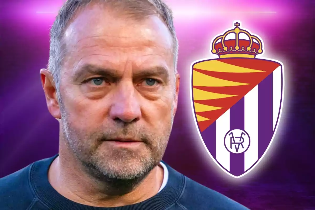 Un hombre con expresión seria frente a un fondo morado con el escudo del Real Valladolid a su lado.