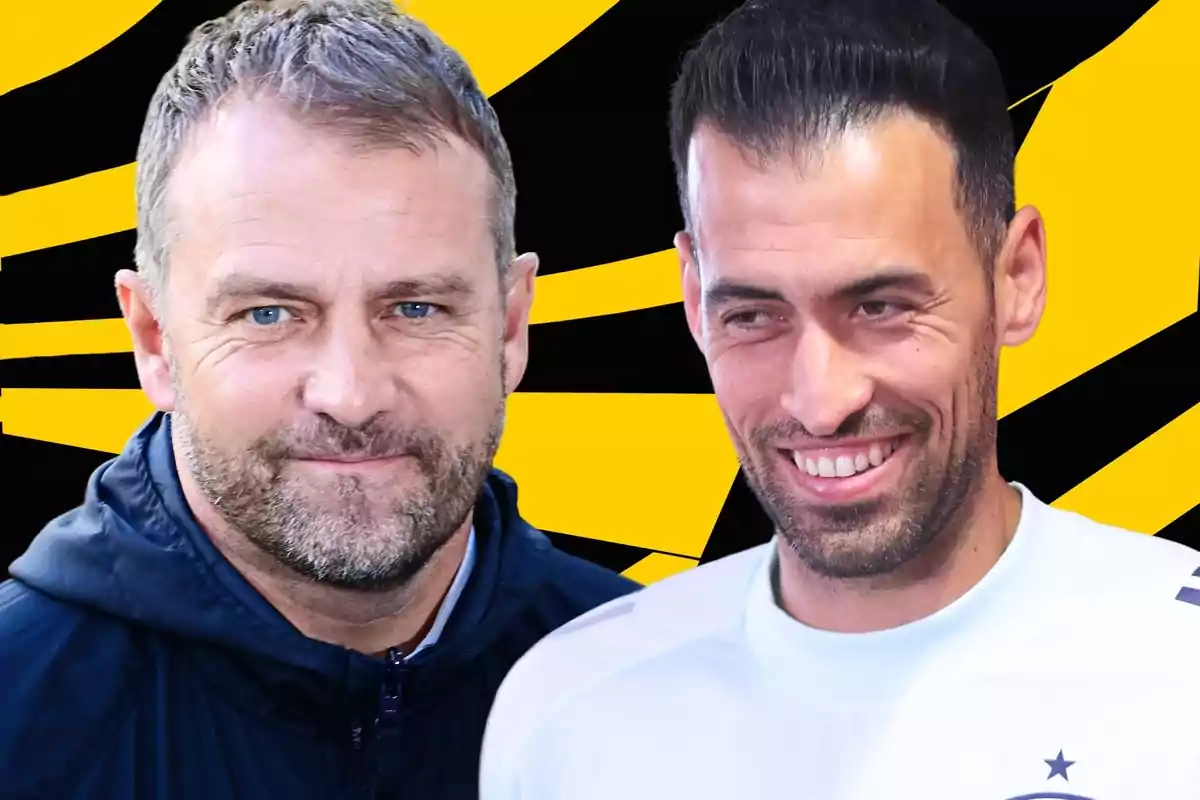 Dos hombres sonrientes con un fondo amarillo y negro.