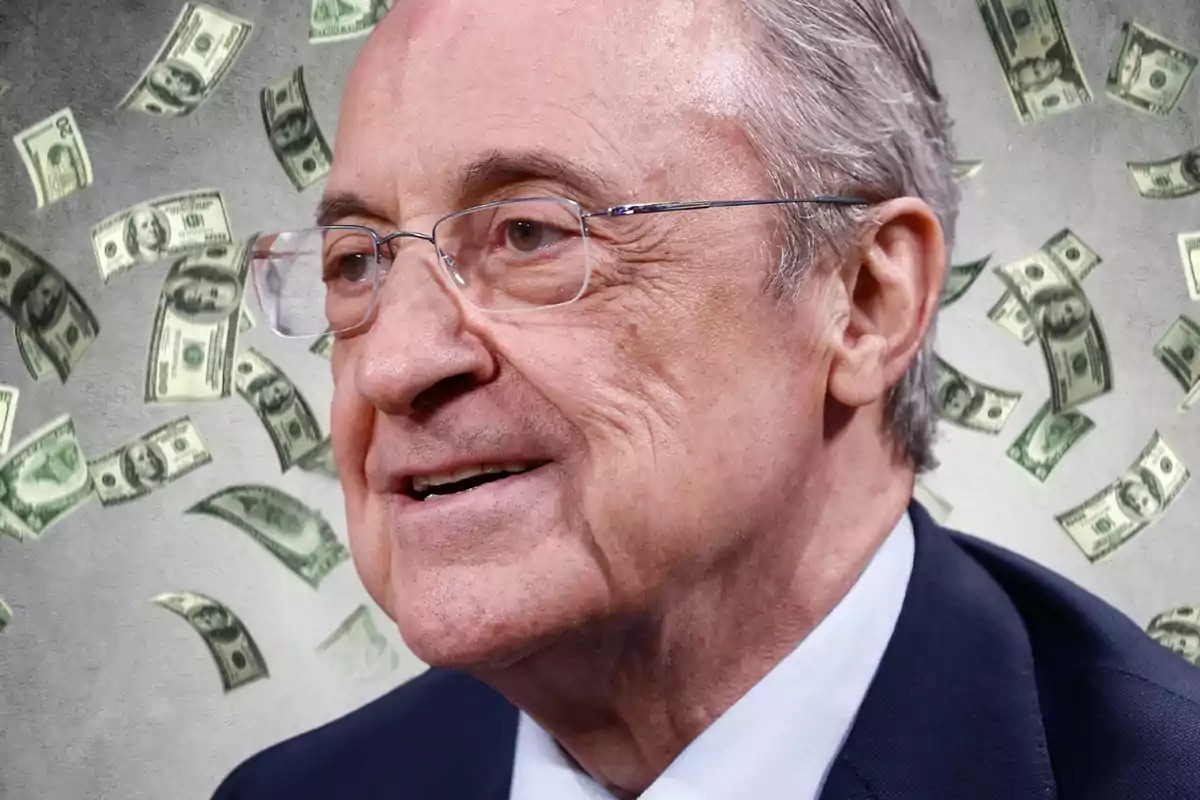 Florentino Pérez con una sonrisa mientras llueven billetes del cielo