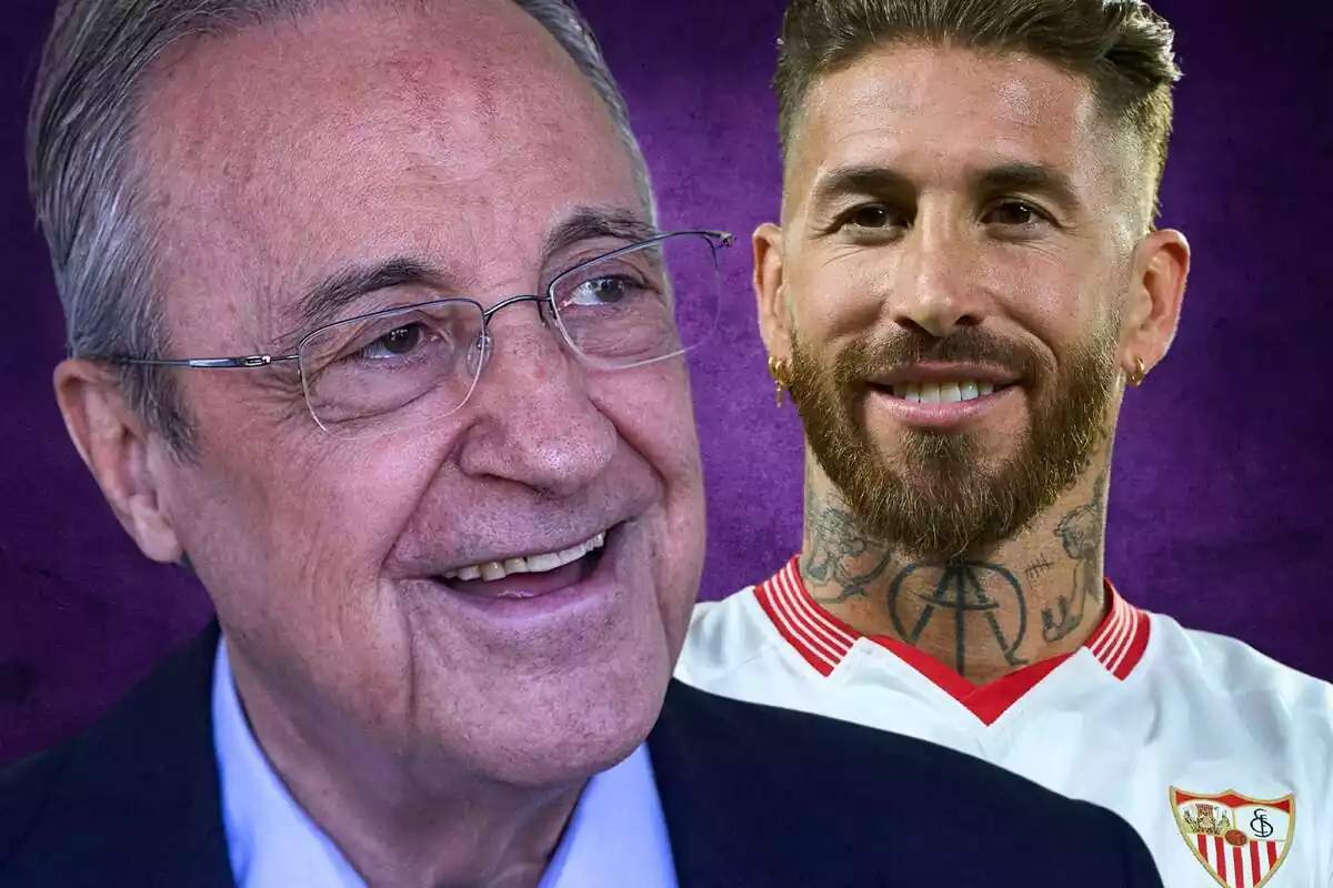 Florentino Pérez con una gran sonrisa y Sergio Ramos al fondo con la camiseta del Sevilla FC