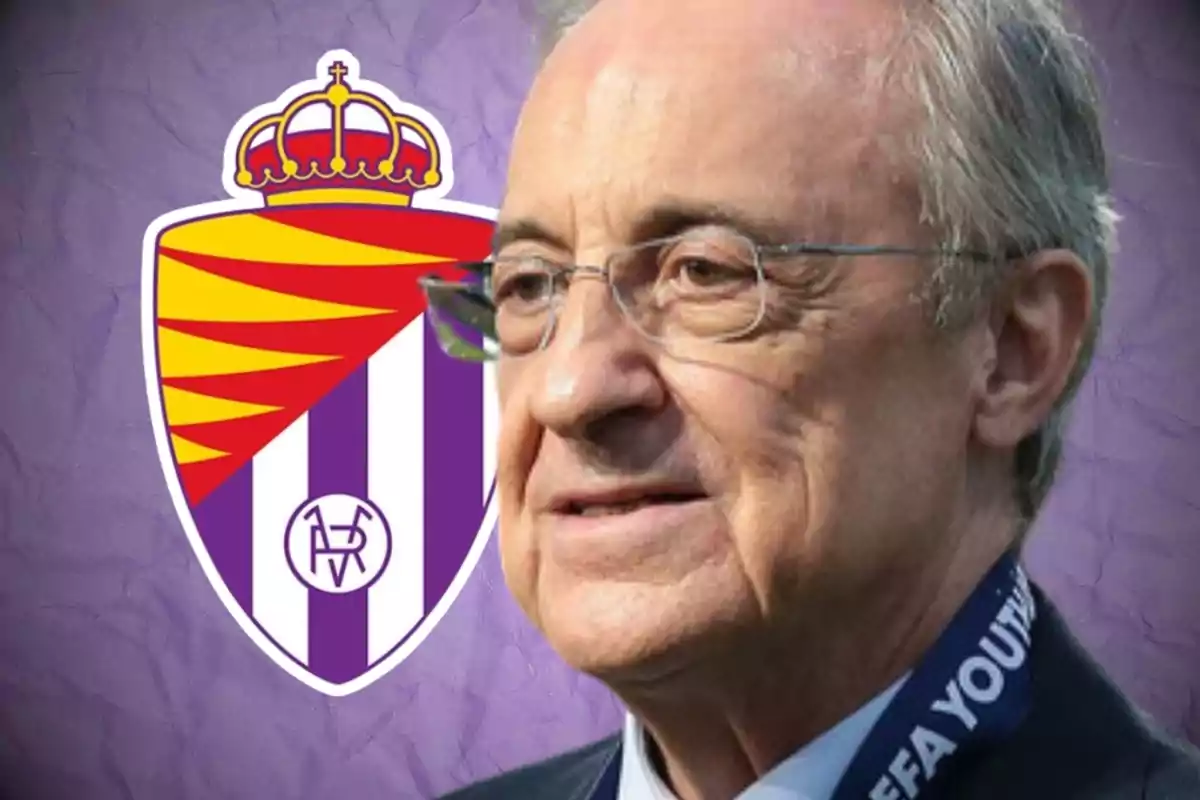 Hombre con gafas y cabello canoso frente al escudo del Real Valladolid.