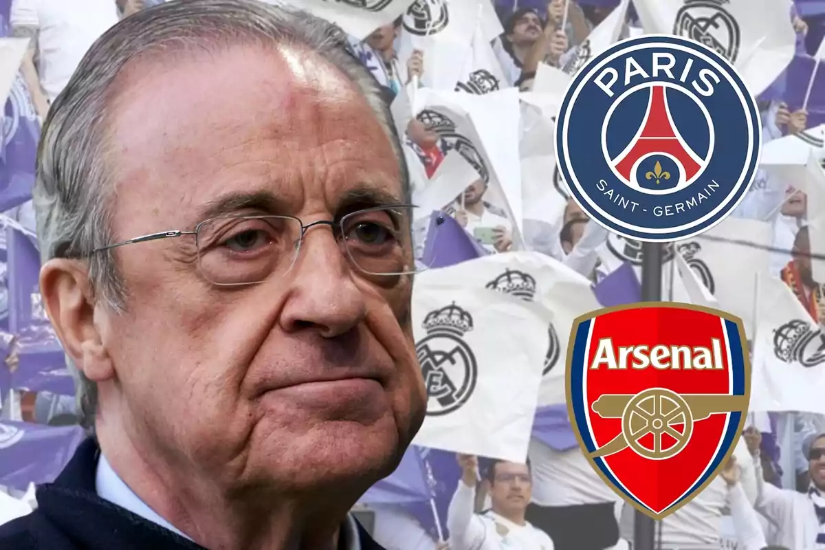 Hombre mayor con gafas frente a una multitud con banderas del Real Madrid y los logotipos del Paris Saint-Germain y Arsenal.