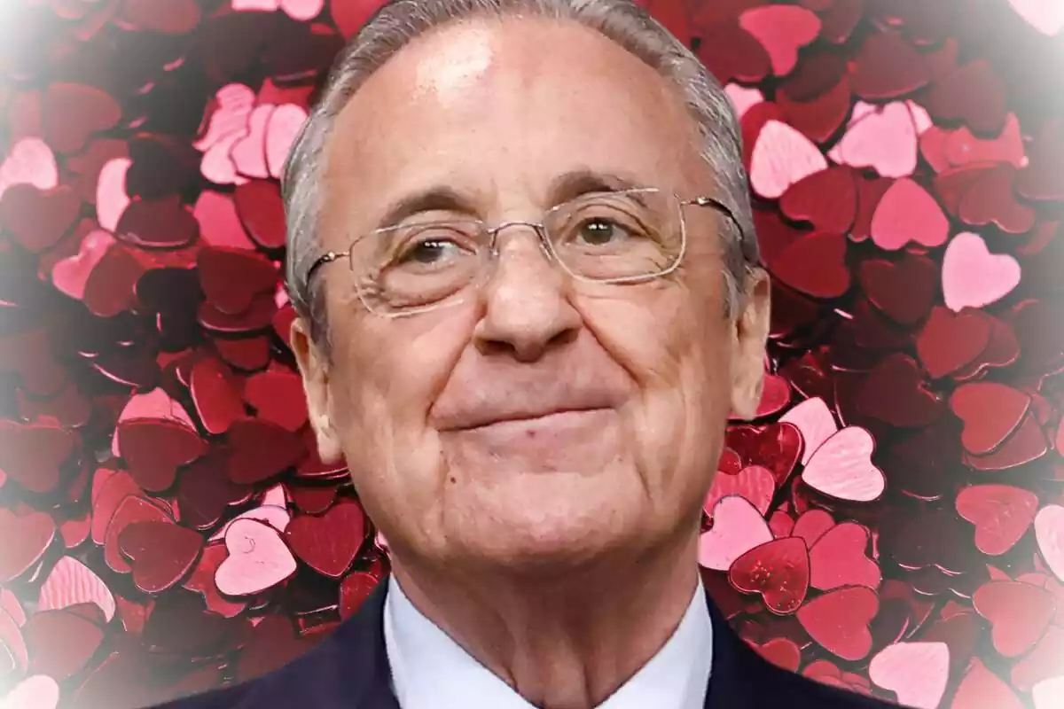 Florentino Pérez con una medio sonrisa rodeado de corazones de color rojo