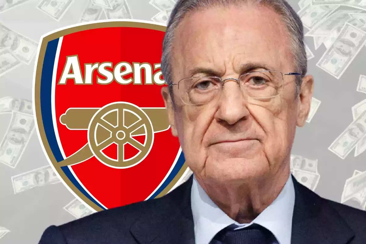 Hombre de cabello canoso y gafas frente al escudo del Arsenal con billetes de fondo