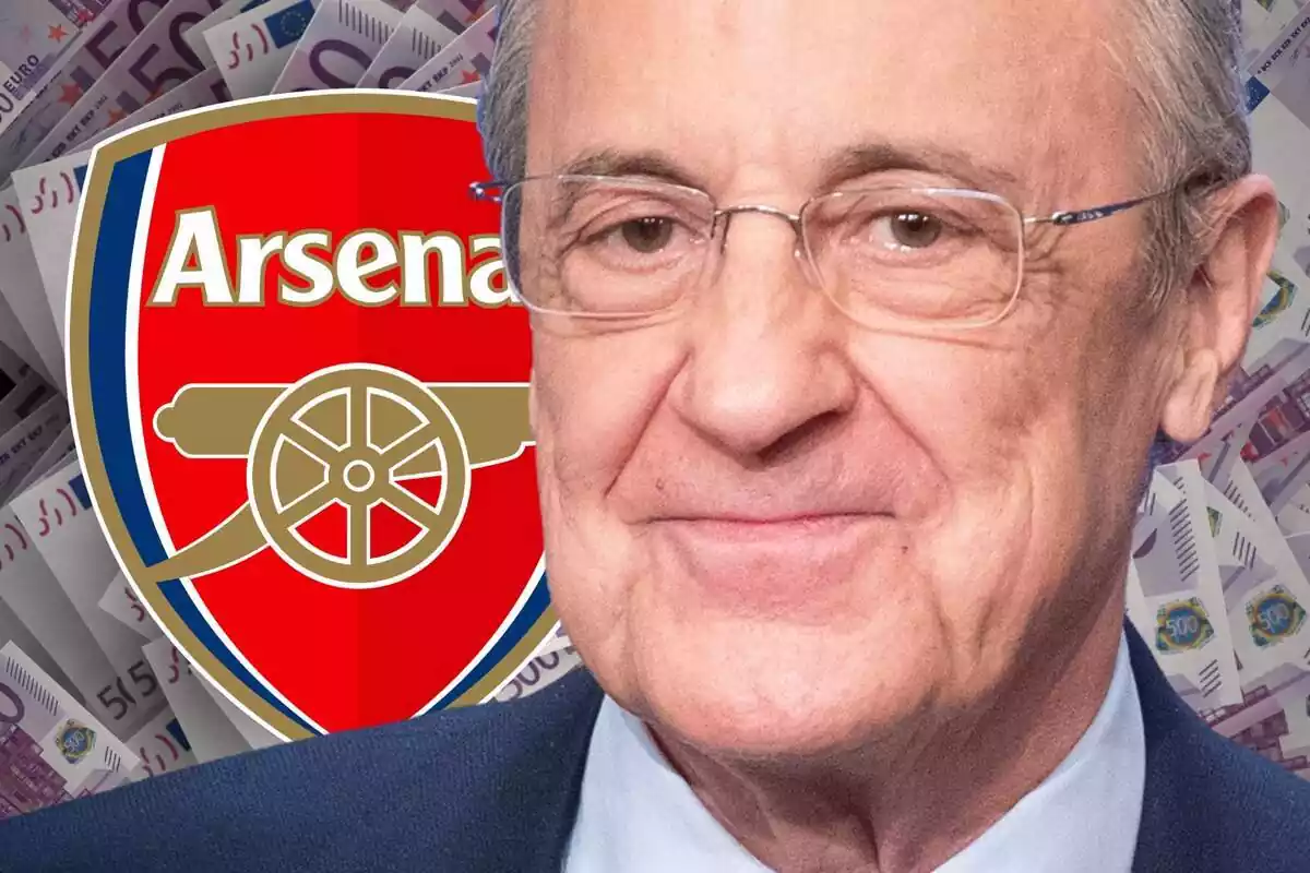 Florentino Pérez mirando al frente con el escudo del Arsenal a su lado y muchos billetes de 500 euros al fondo