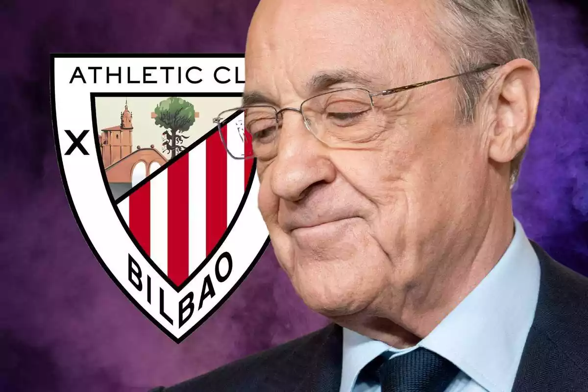 Florentino Pérez mirando a un costado al escudo del Athletic Club de Bilbao