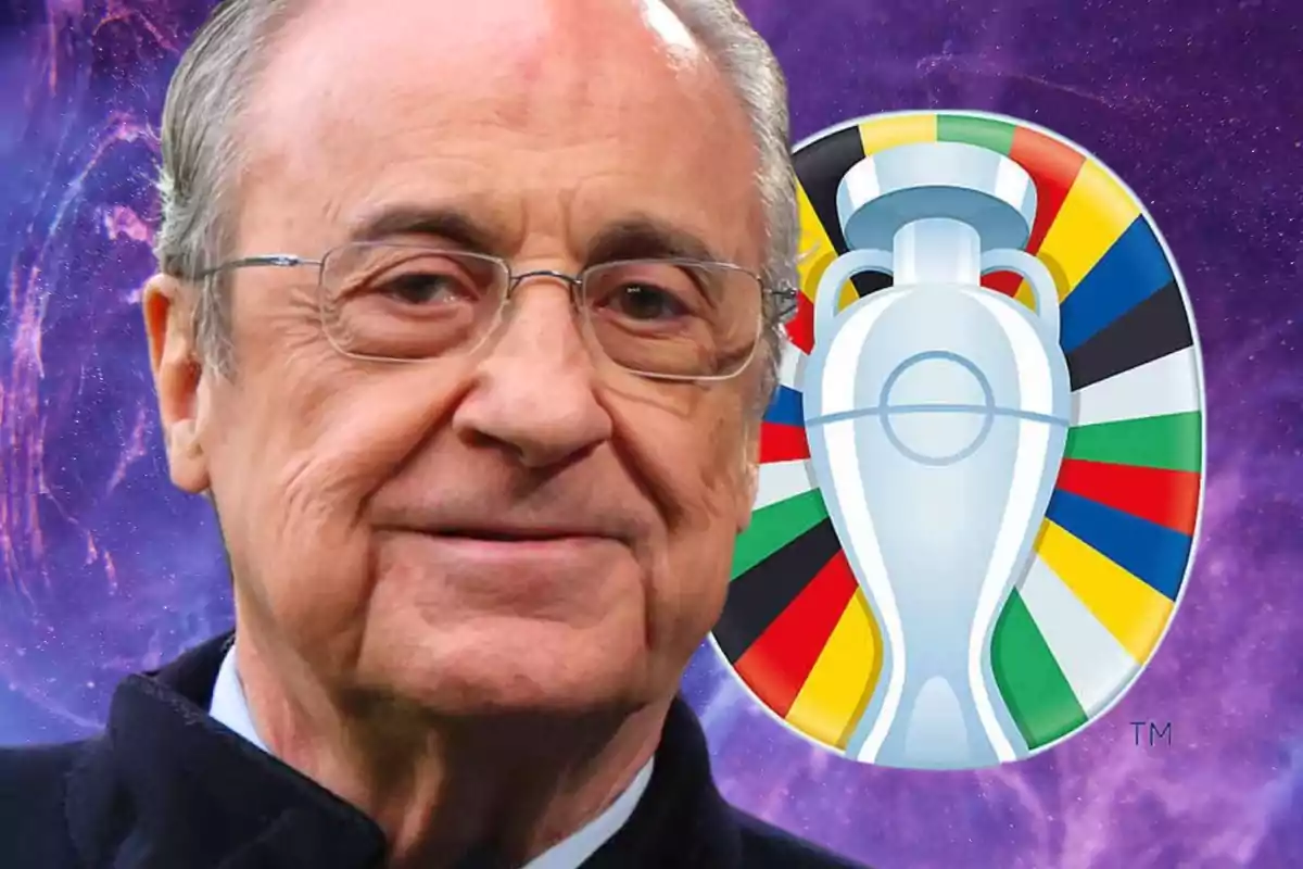 Un hombre mayor con gafas frente a un fondo morado y el logo de la Eurocopa.