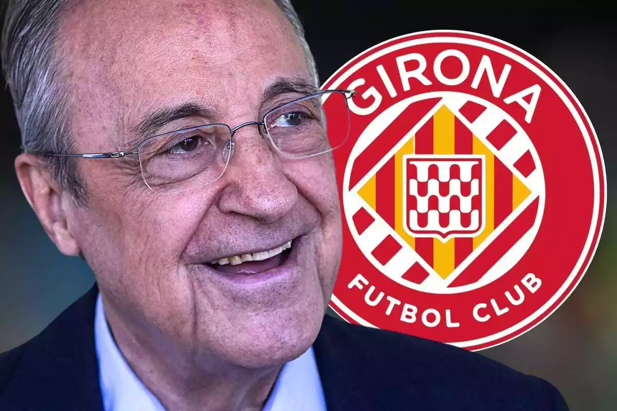 Florentino Pérez con una gran sonrisa al lado del escudo del Girona