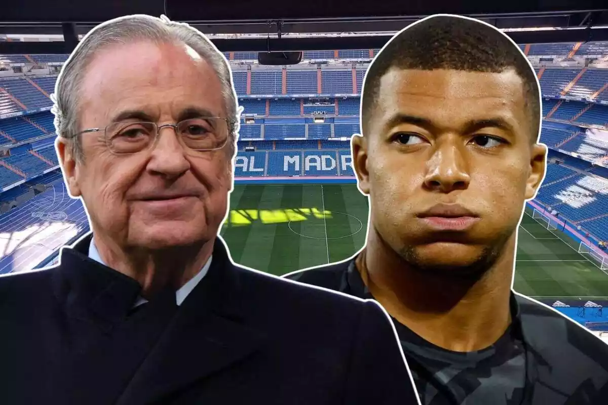 Montaje de Florentino Pérez y Kylian Mbappé en el Santiago Bernanéu