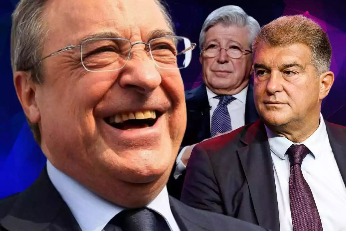 Florentino Pérez con una gran sonrisa al lado de Joan Laporta y Enrique Cerezo que lo miran