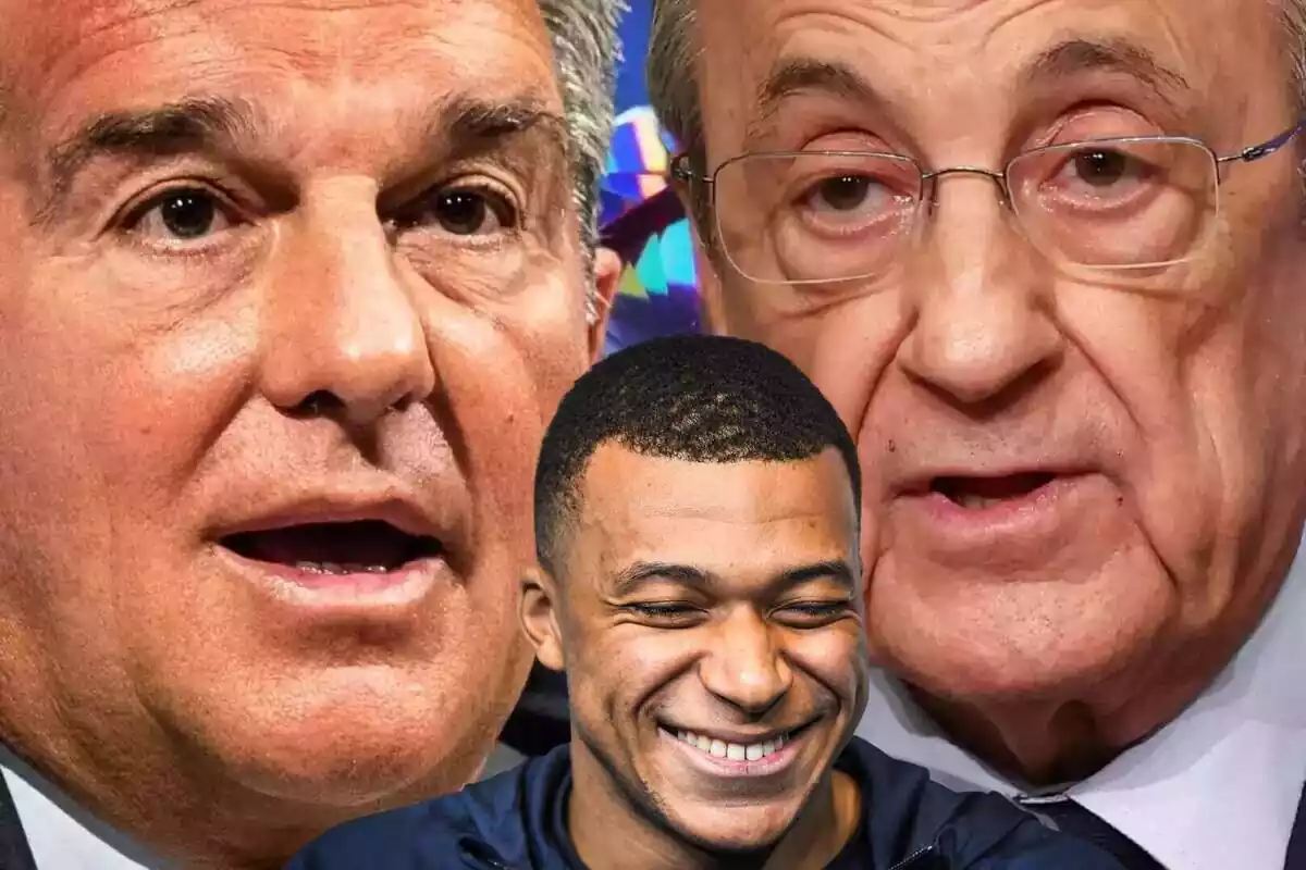 Montaje de Florentino Pérez, Joan Laporta y Kylian Mbappé