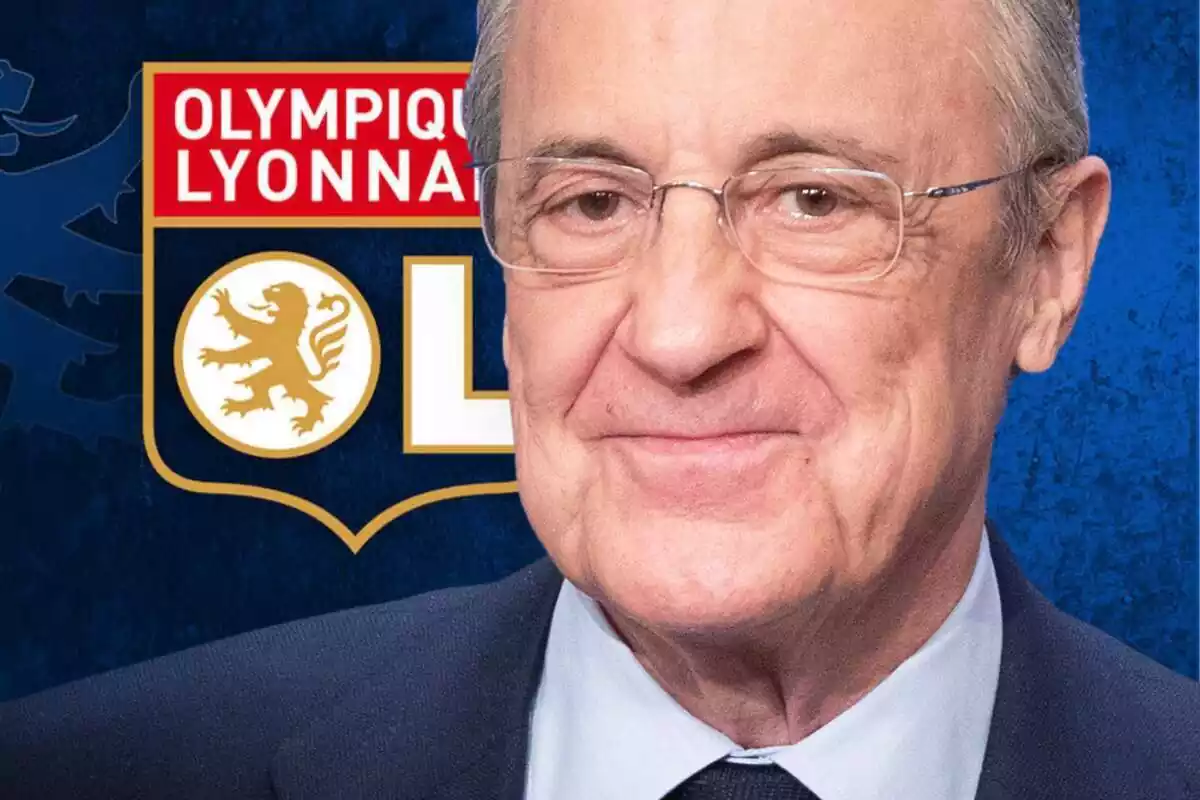 Florentino Pérez al lado de un fondo con el escudo del Olympique de Lyon