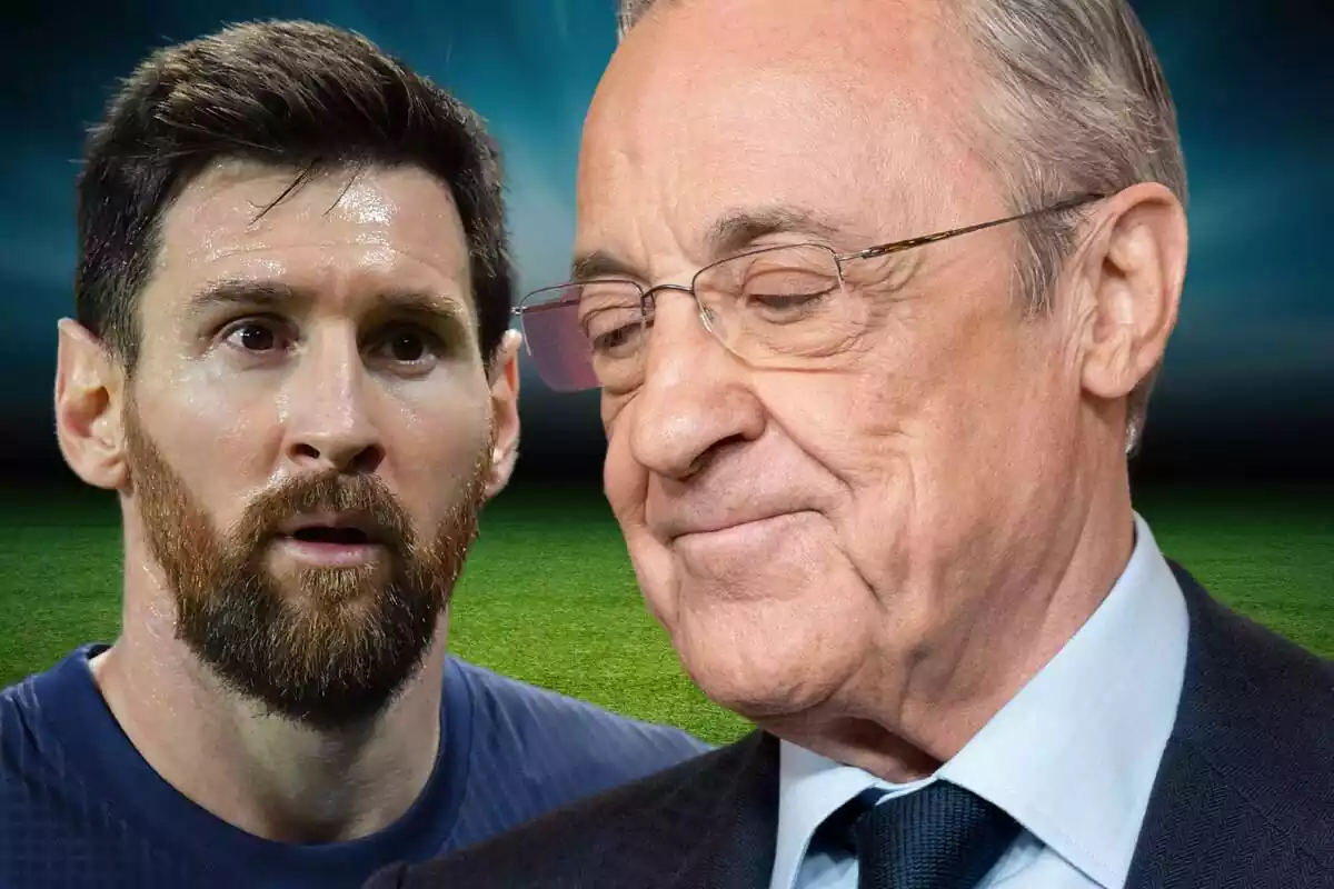 Florentino Pérez mira hacia el suelo con Messi sorprendido en la parte posterior de la imagen