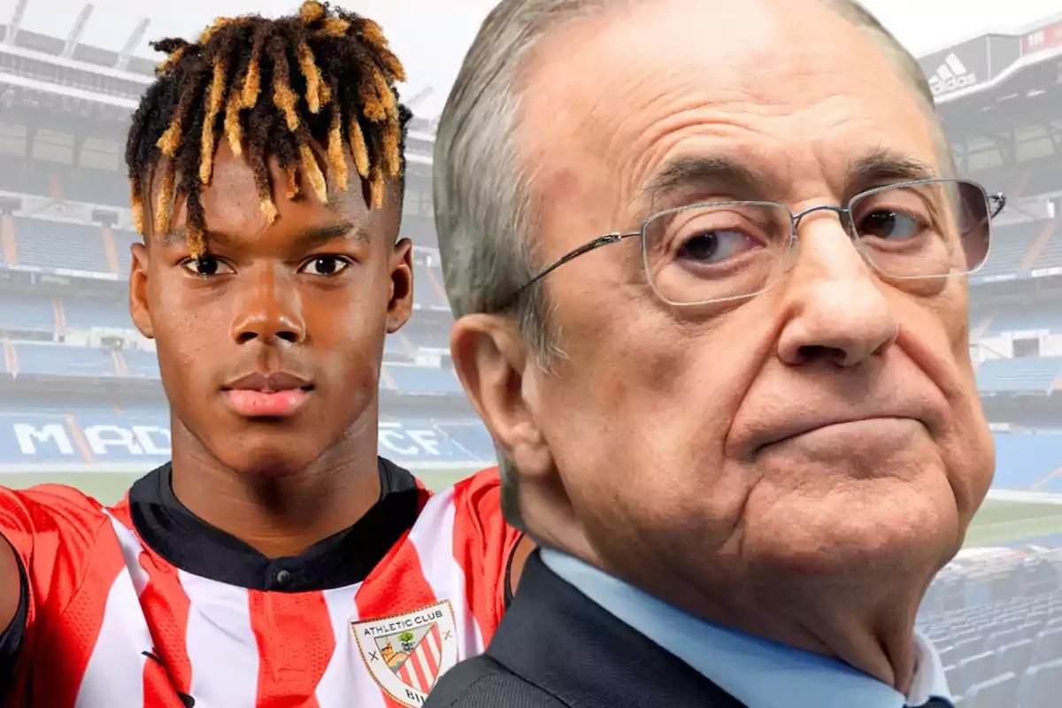 Un joven futbolista con el uniforme del Athletic Club y un hombre mayor con gafas y expresión seria en un estadio de fútbol