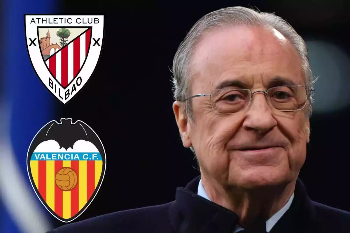 Montaje de Florentino Pérez sonriendo mientras mira los escudos del Athletic Club y el Valencia CF