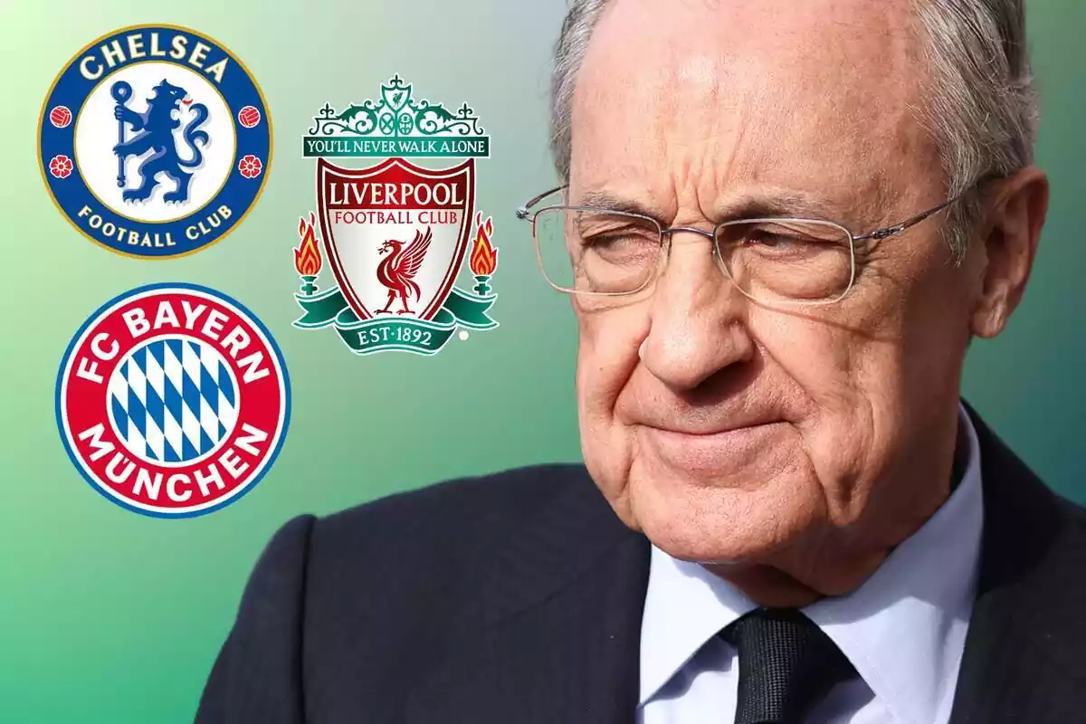 Montaje de Florentino Pérez junto a los escudos del Bayern, el Liverpool y el Chelsea