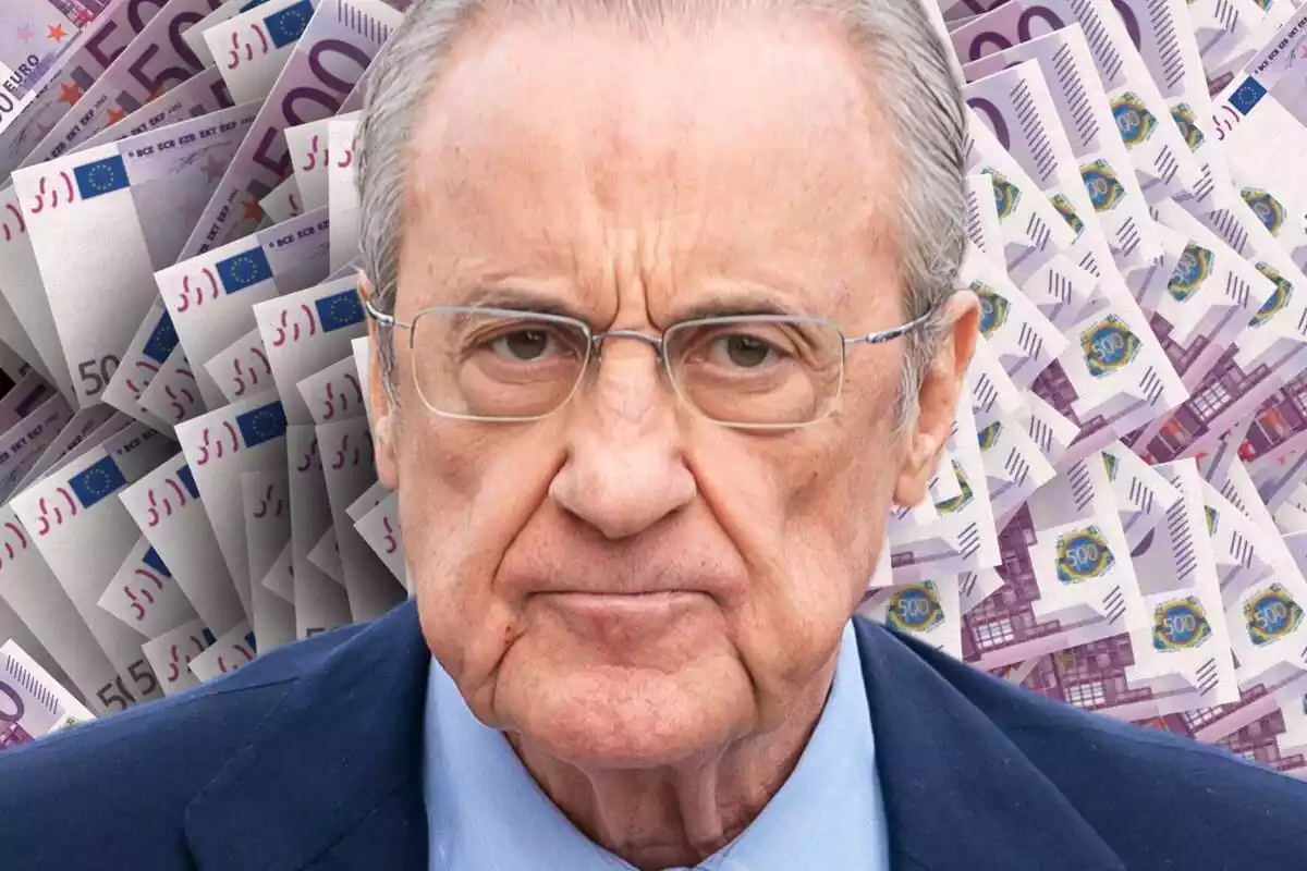 Florentino Pérez, enfadado, con billetes de 500 euros a su alrededor