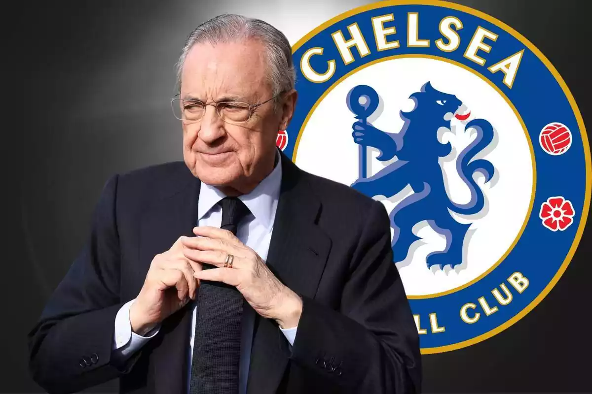 Montaje de Florentino Pérez con el escudo del Chelsea