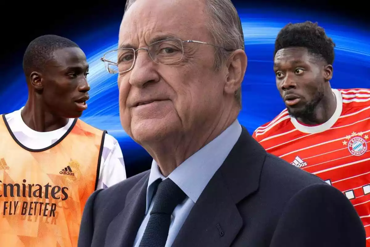 Florentino Pérez en el centro con Ferland Mendy y Alphonso Davies a ambos lados