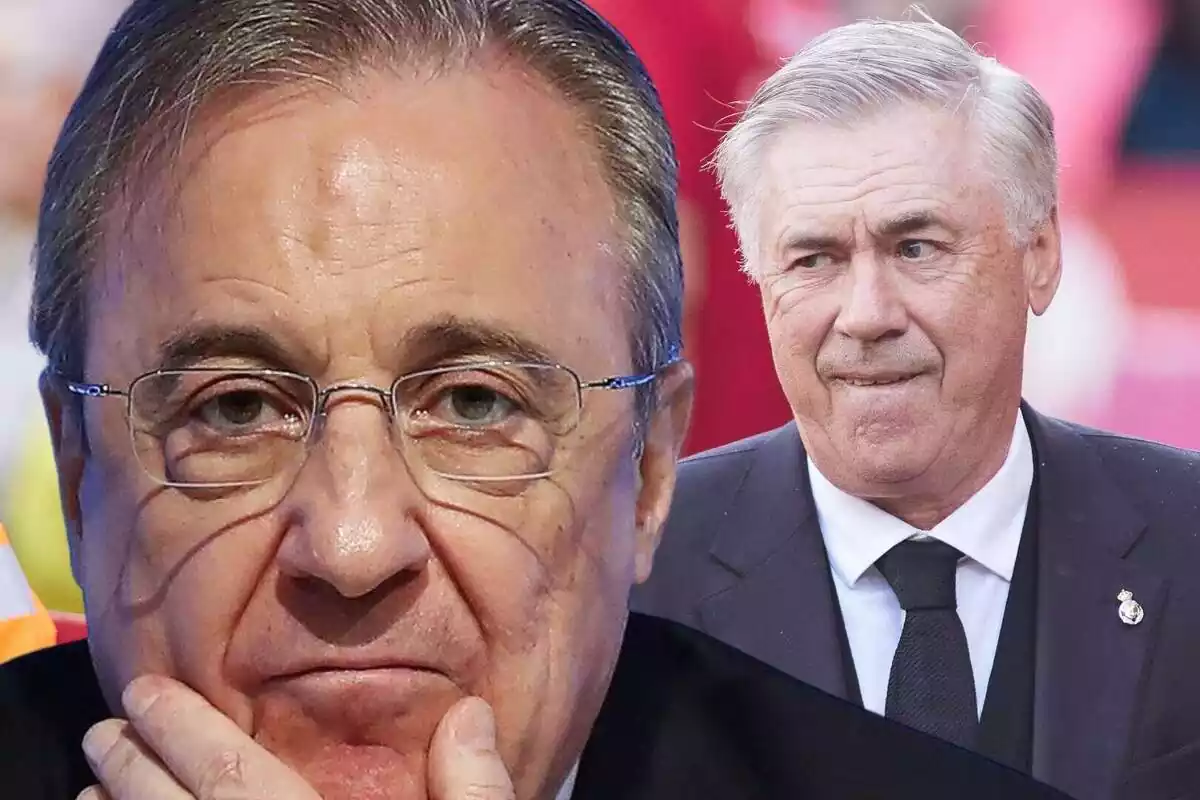Primer plano de Florentino Pérez y plano medio de Carlo Ancelotti, ambos muy serios