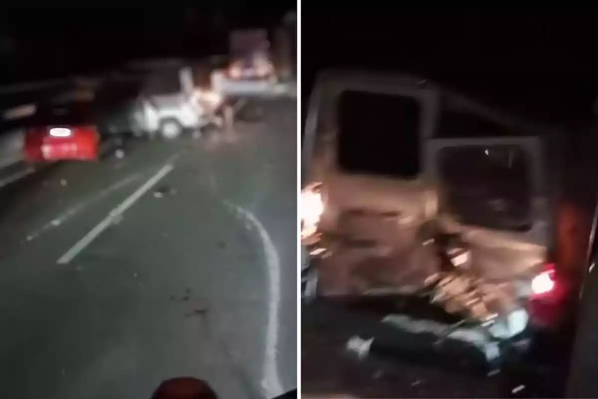 Imagen de un accidente entre cinco vehiculos en la AP-7 en la cual se pueden ver varios coches accidentados