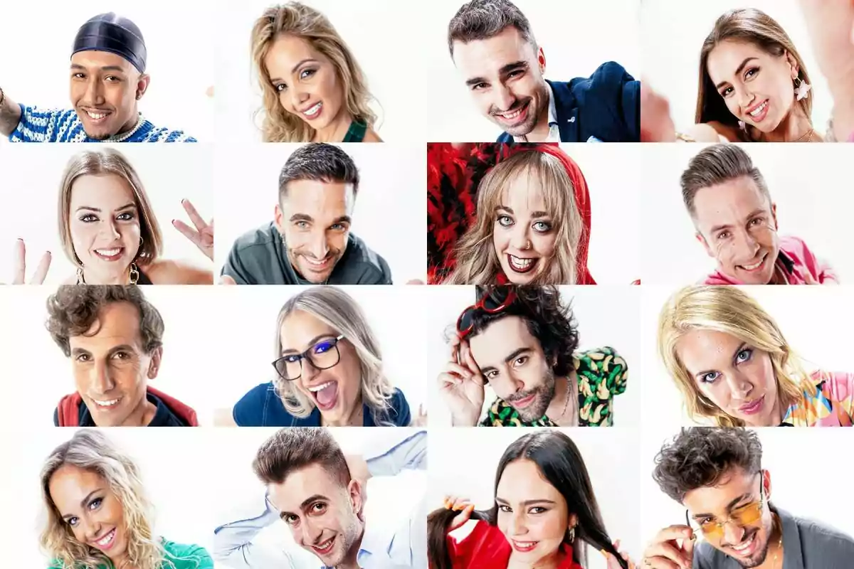 Un collage de dieciséis concursantes de Gran Hermano posando y sonriendo frente a una cámara con fondo blanco.