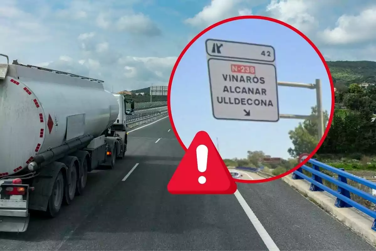 Un camión cisterna circula por una carretera, mientras un recuadro resalta una señal de tráfico que indica las direcciones hacia Vinaròs, Alcanar y Ulldecona.