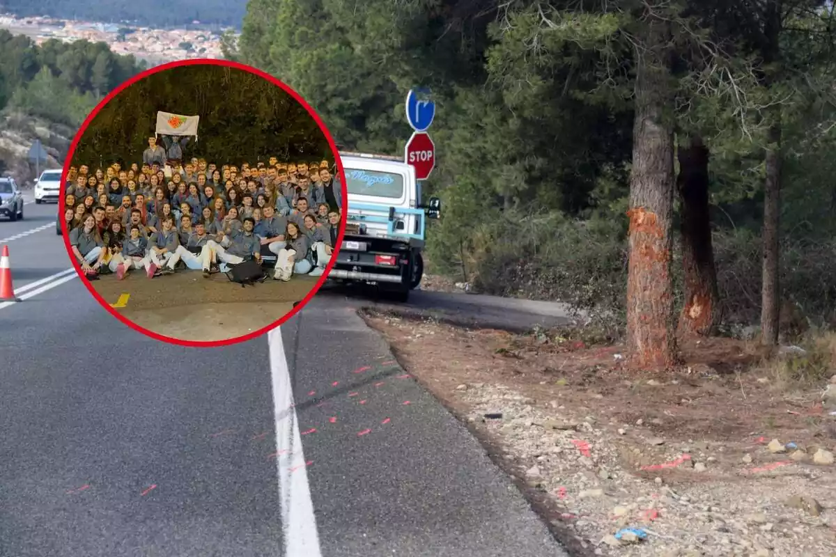 Montaje fotográfico entre la carretera N-240 en su paso por Montblanc y una imagen de la colla castellera Los Marracos