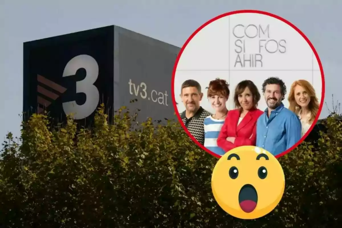 Imagen del logo de TV3.cat con un círculo rojo que contiene a cinco personas y el texto "COM SI FOS AHIR", junto a un emoji de cara sorprendida.