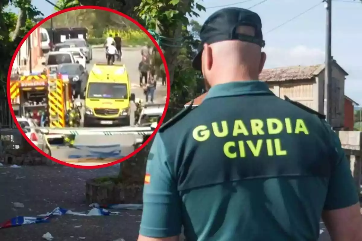 Fotomontaje con una imagen de un agente de espaldas de la Guardia Civil y al frente una redonda roja con los hechos en Las Gabias, Granada