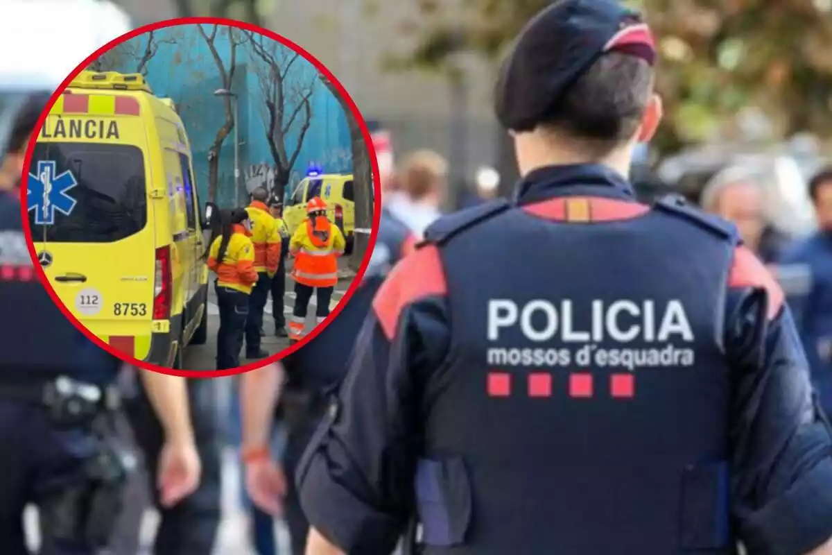Fotomontaje con una imagen de fondo de un agente de espaldas de los Mossos d'Esquadra y una redonda roja con una ambulancia del SEM