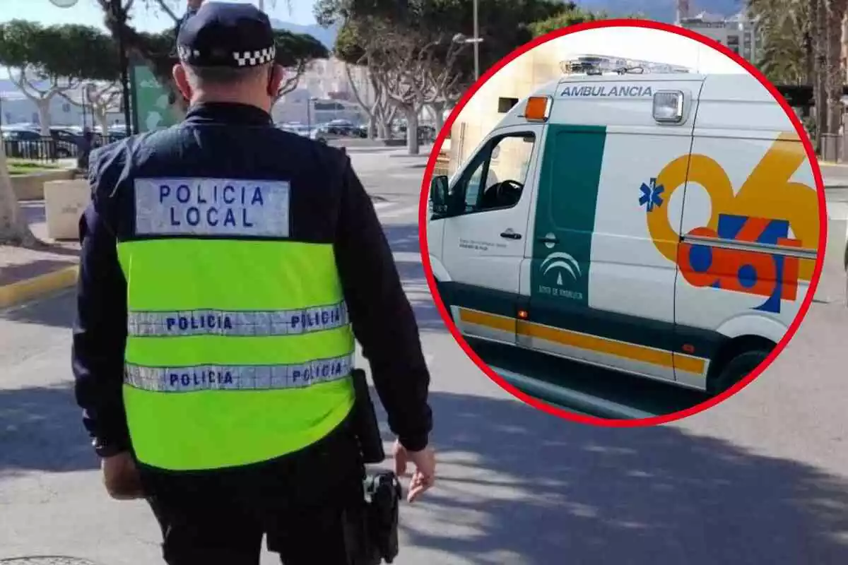 Fotomontaje de un agente de la Policía Local y al frente una redonda roja con una ambulancia de Andalucía