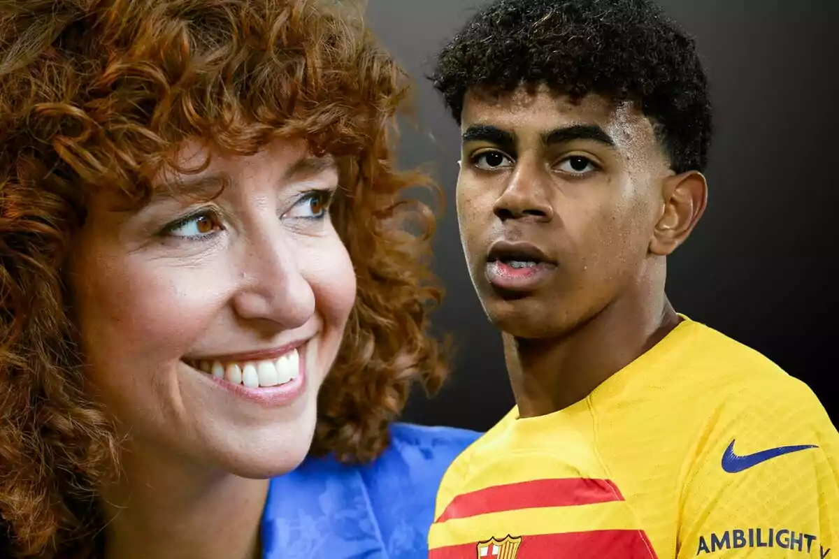 Una mujer sonriente con cabello rizado y un joven con uniforme deportivo.