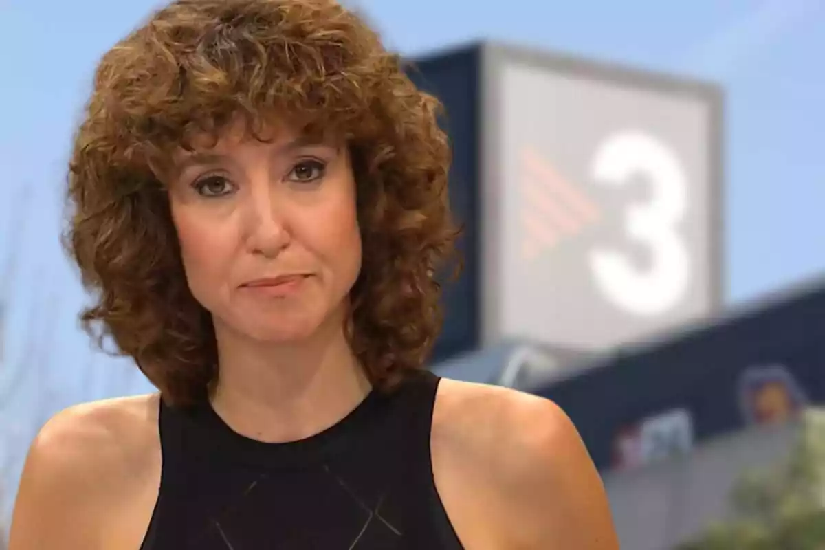 Fotomontaje de Agnès Marquès con cara seria y las instalaciones de TV3 de fondo.