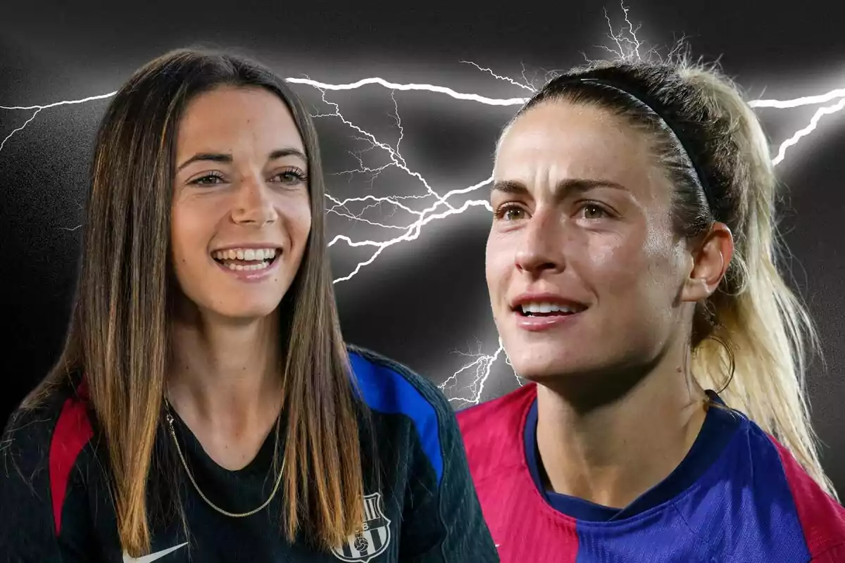 Dos mujeres con camisetas deportivas del FC Barcelona posan frente a un fondo oscuro con relámpagos.