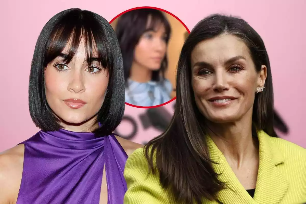 Fotomontaje con los rostros de Aitana Ocaña y la reina Letizia al frente, una redonda roja con la imagen del cambio de look de Aitana difuminada y de fondo una imagen con utensilios de peluquería