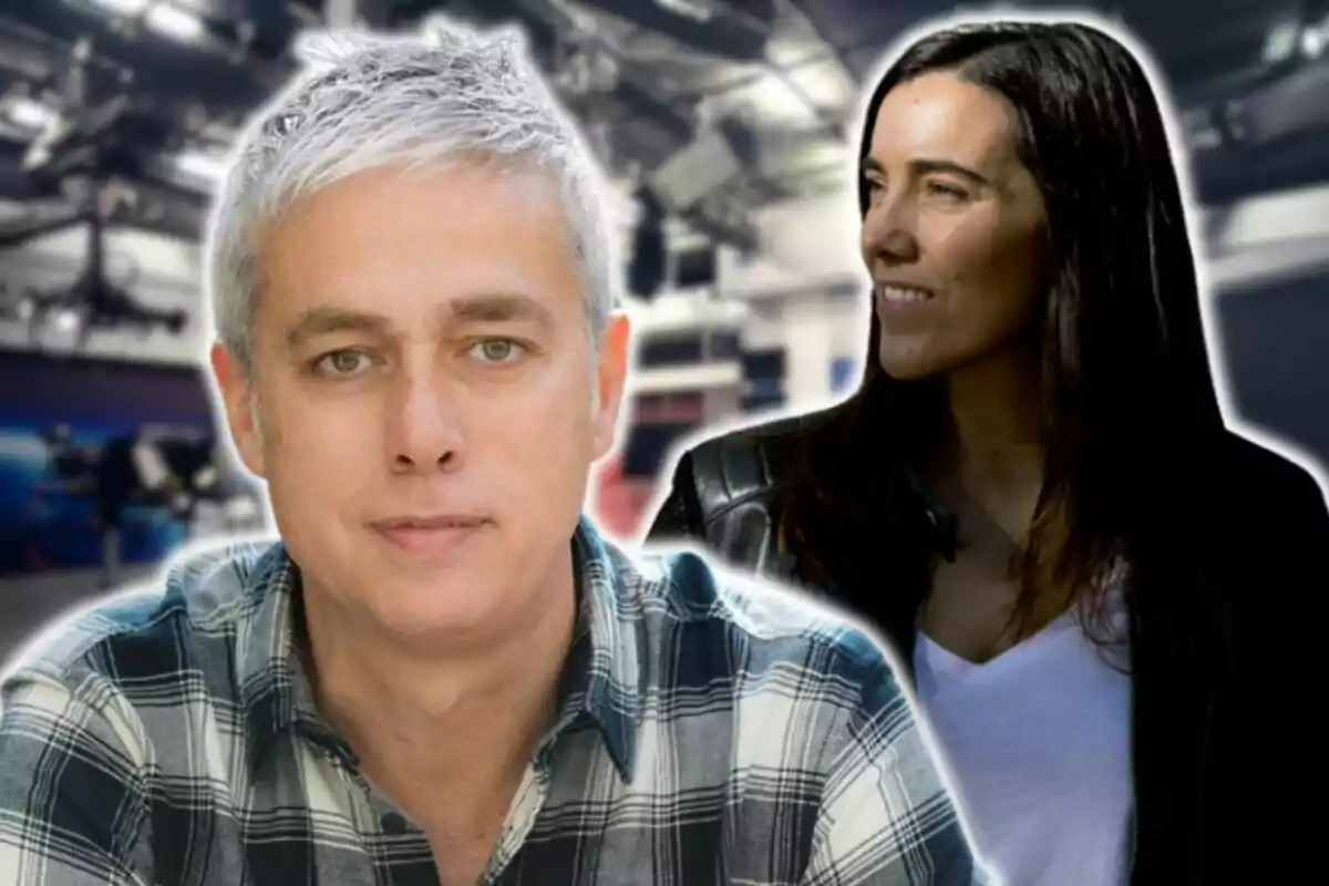 Dos personas en un estudio de televisión, un hombre de cabello canoso y una mujer de cabello oscuro.