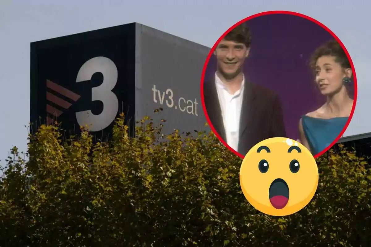 Edificio de TV3 con una imagen insertada de dos personas y un emoji sorprendido.