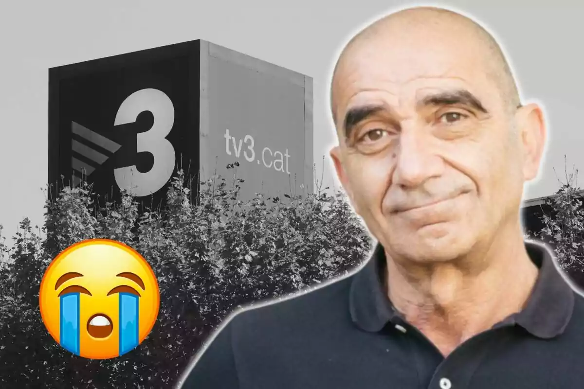 Fotomontaje de Alfred Rodríguez Picó con las instalaciones de TV3 de fondo y un emoticono llorando