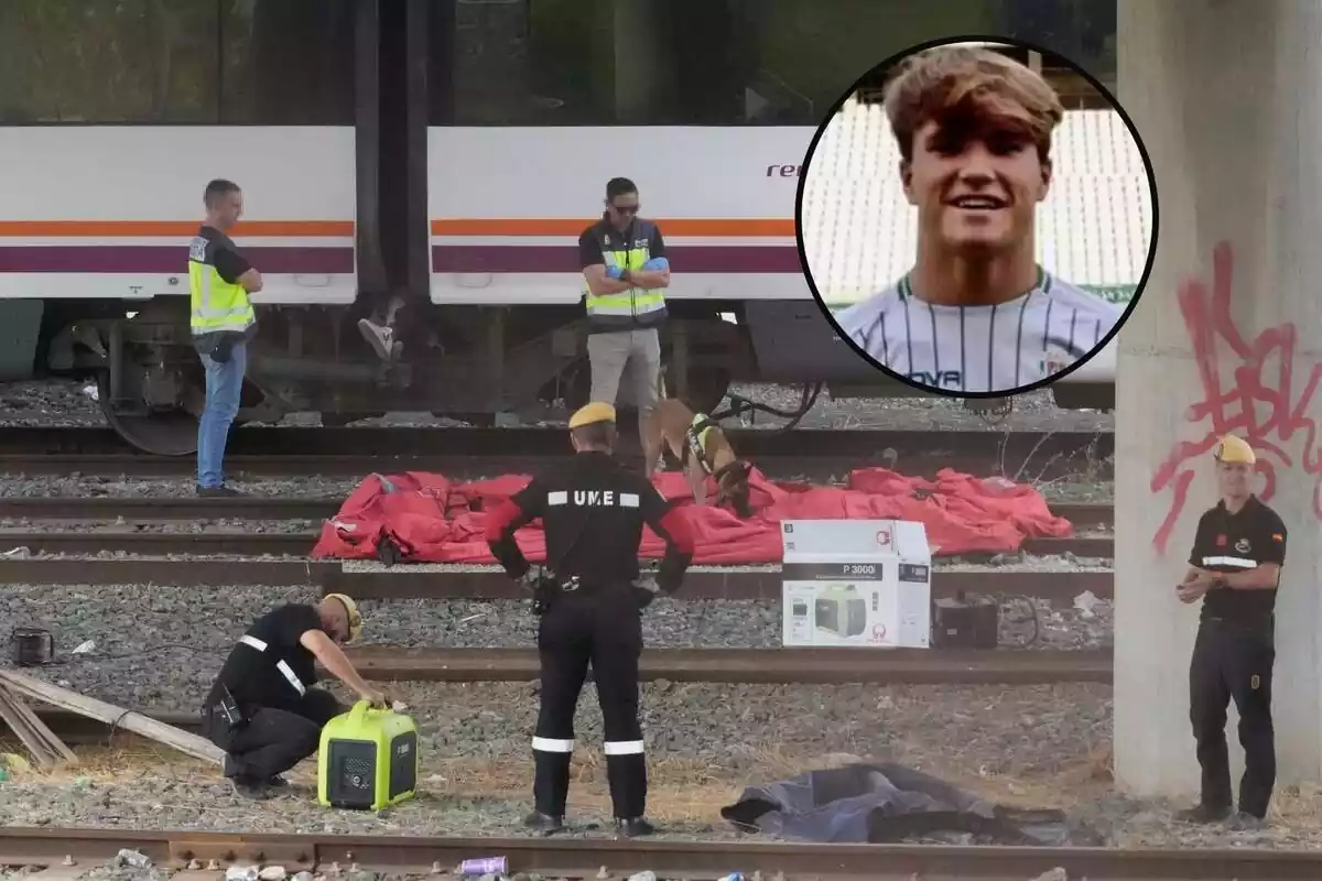 Fotomontaje del hallazgo del cadáver de Álvaro Prieto entre dos vagones de un tren