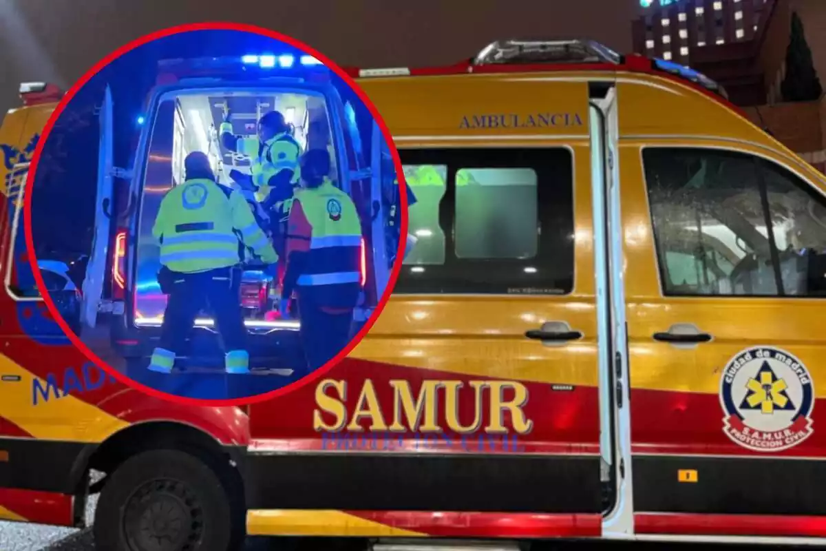 Fotomontaje con una ambulancia de fondo del Samur y al frente una redonda roja con los servicios de emergencias de Madrid ateniendo al joven de 18 años