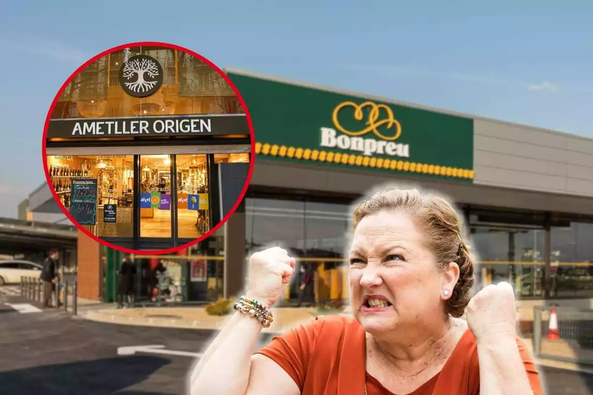 Montaje fotográfico entre los exteriores de los supermercados Bonpreu y Ametller y una persona enfadada