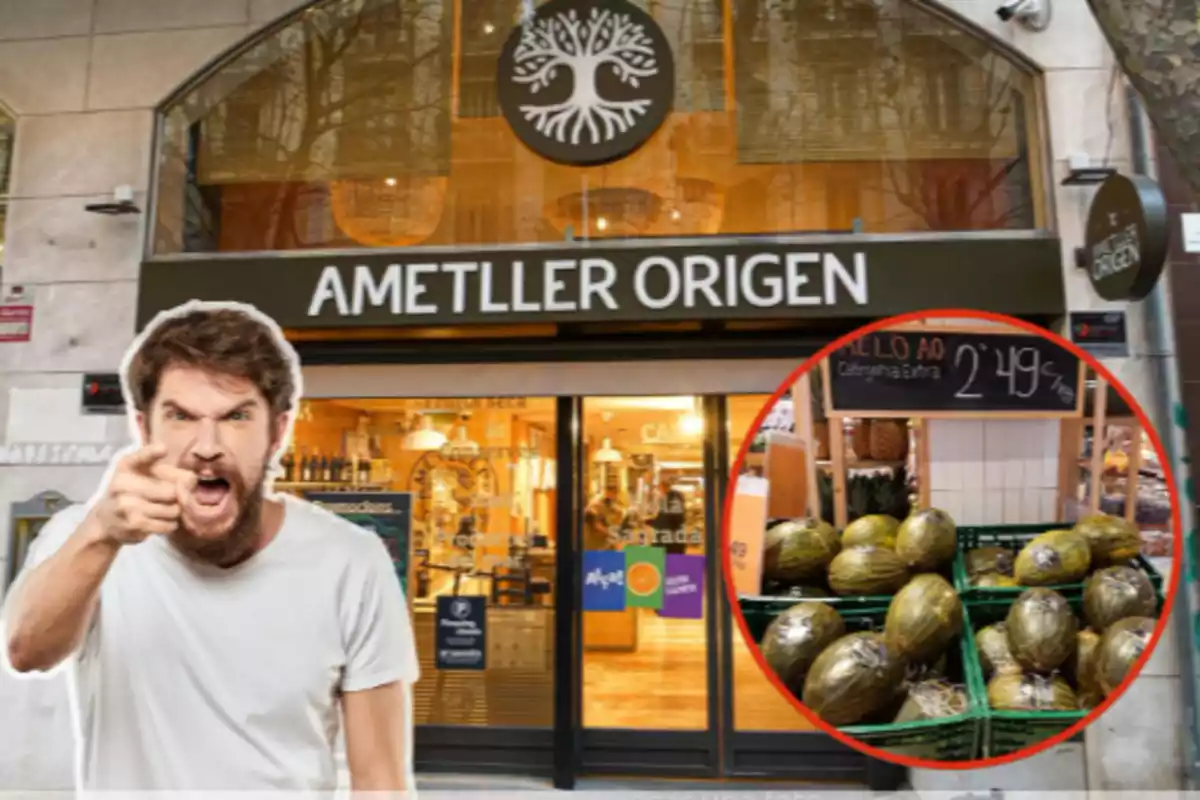 Fotomontaje con un fondo de un supermercado Ametller Origen un señor enfadado y una foto enmarcada de los melones de Ametller