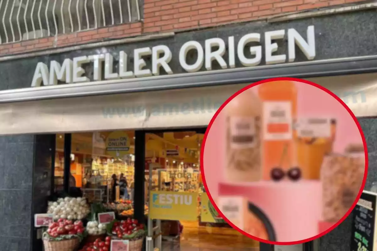 Fotomontaje de una tienda de Ametller Origen y al frente una redonda roja con los productos del supermercado favoritos de los clientes