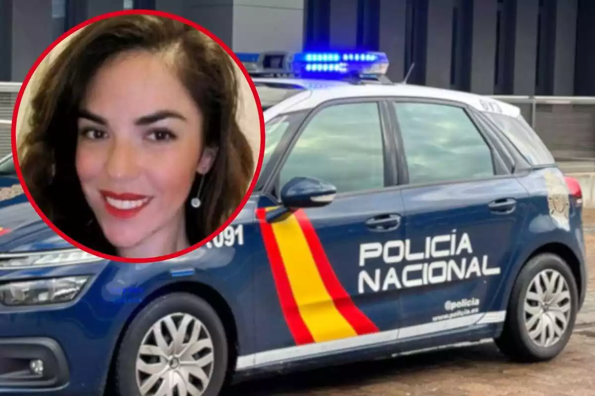 Fotomontaje de una imagen de fondo de un coche de la Policía Nacional y al frente una redonda roja con el rostro de Ana María, la mujer desaparecida en Madrid