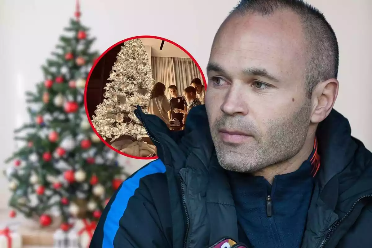 Fotomontaje de Andrés Iniesta con una foto de sus hijos y un árbol de Navidad de fondo